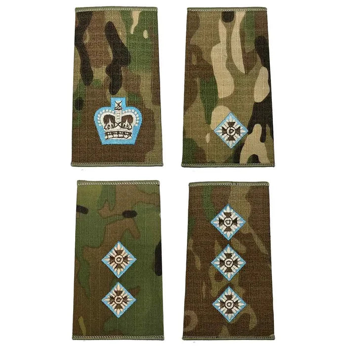 Set of four Parachute Regiment Officers Multicam Rank Slides in various ranks, embroidered on camouflage Cordura fabric for military uniforms. LT Colonel from  John Bull Clothing