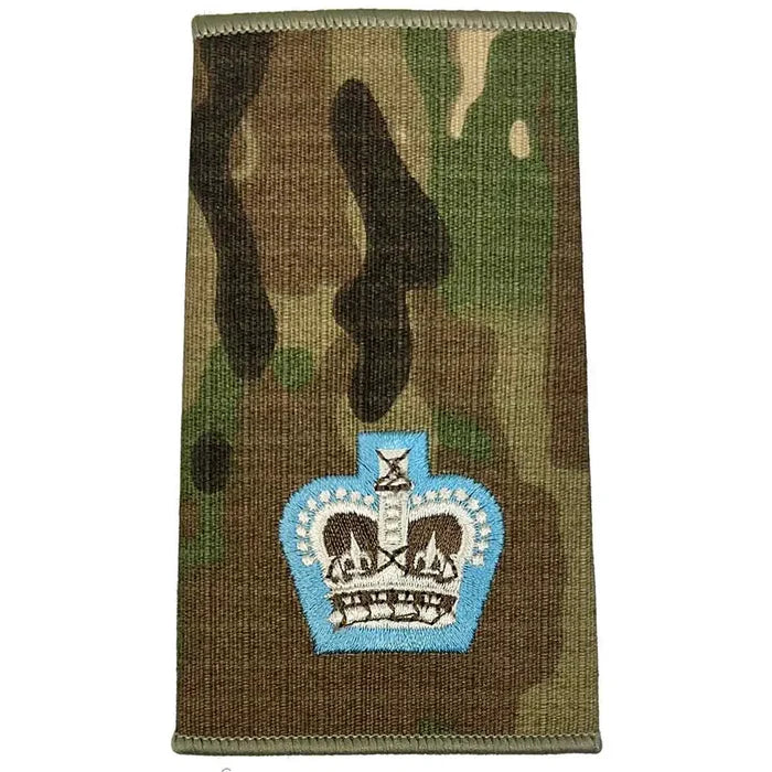 Parachute Regiment Officer Multicam Rank Slide featuring a single crown insignia, embroidered in blue and ivory on camouflage Cordura. Major from  John Bull Clothing