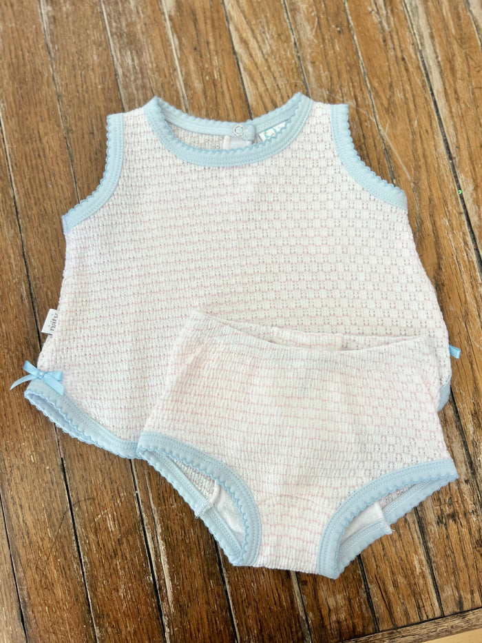 Paty - Sleeveless Diaper Set - Pink Pinstripe with Blue Trim