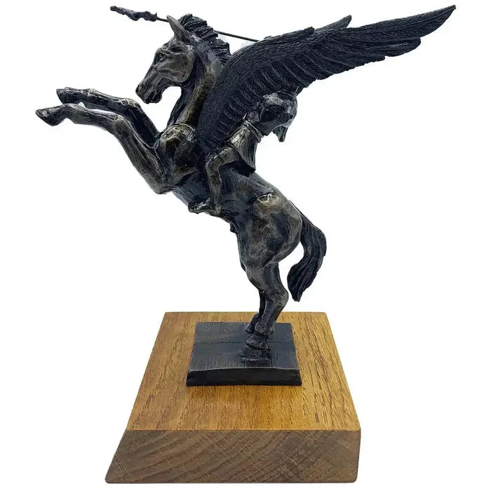 Pegasus statue with Bellerophon in bronze resin on wooden base, symbolizing British Airborne Forces, ideal for military-themed home decor.  from  John Bull Clothing