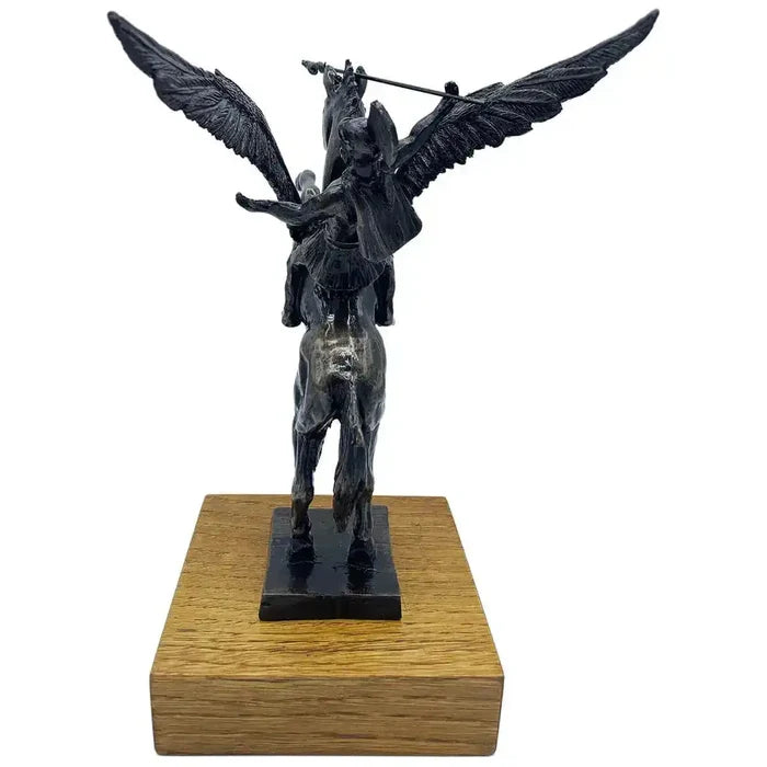 Rear view of Pegasus statue with Bellerophon in bronze resin, mounted on a wooden base, perfect for military sculpture collectors.  from  John Bull Clothing