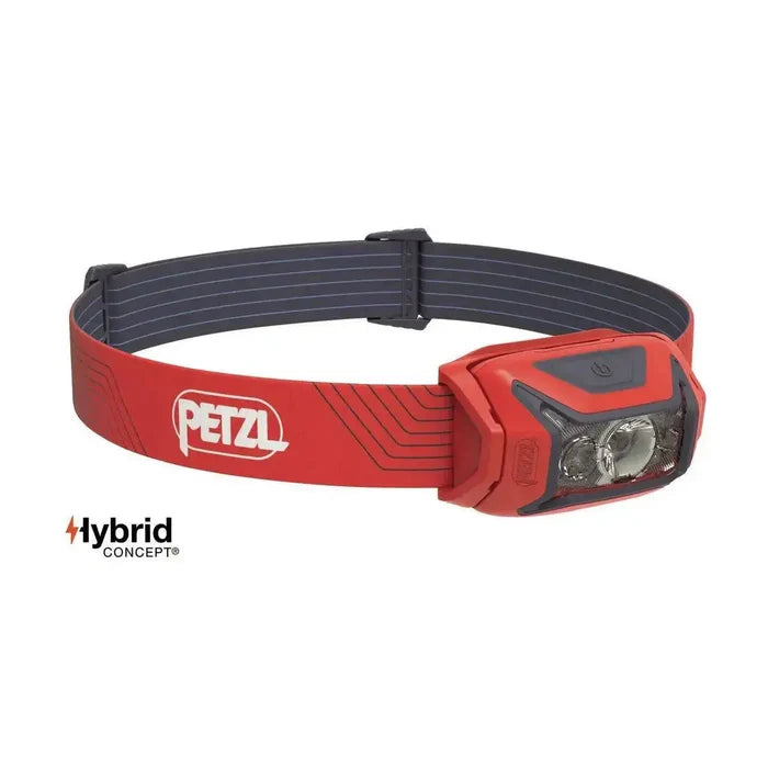 Petzl Actik Headtorch with Red Lighting 450 Lumens in red color, featuring an adjustable headband and Hybrid Concept compatibility for outdoor activities. Red from  John Bull Clothing