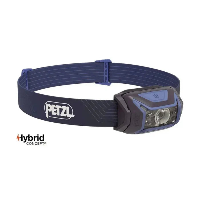 Petzl Actik Headtorch with Red Lighting 450 Lumens in blue color, designed for camping and hiking with a powerful beam and adjustable fit. Blue from  John Bull Clothing