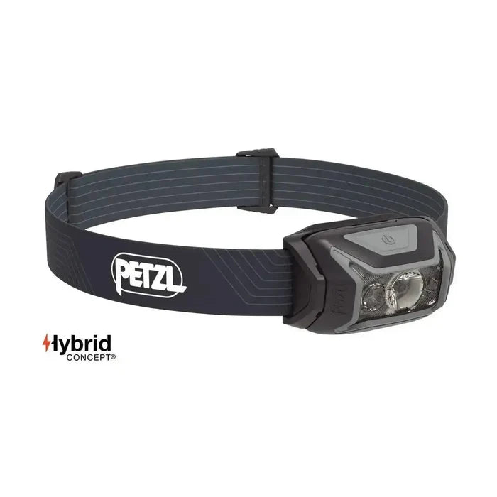 Petzl Actik Headtorch with Red Lighting 450 Lumens in black color, offering high-performance illumination for outdoor adventures and night runs. Gray from  John Bull Clothing