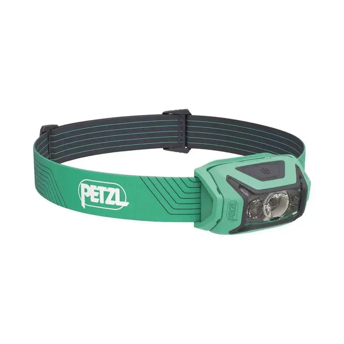 Petzl Actik Headtorch with Red Lighting 450 Lumens in green color, featuring a comfortable headband and powerful lighting for outdoor recreation. Green from  John Bull Clothing