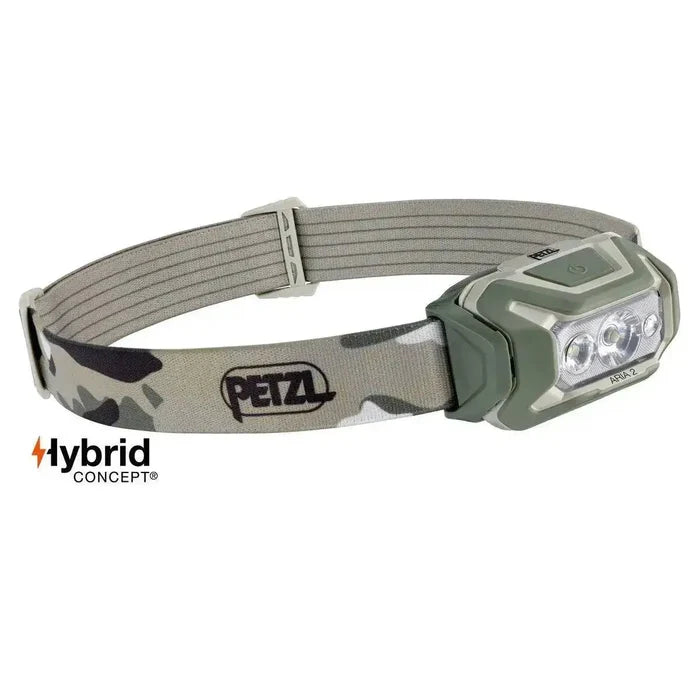 Petzl Aria 2 RGB Waterproof Headtorch 450 Lumens in camouflage design with adjustable headband, ideal for outdoor adventures and tactical use. Camouflage Multicam from  John Bull Clothing