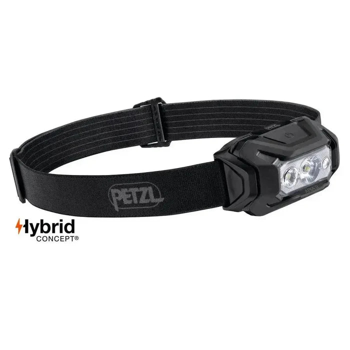 Petzl Aria 2 RGB Waterproof Headtorch 450 Lumens in black with an adjustable strap, offering powerful illumination for camping and hiking. Black from  John Bull Clothing