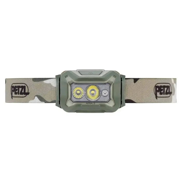 Front view of the Petzl Aria 2 RGB Waterproof Headtorch in camouflage, showcasing its dual LED design for versatile outdoor lighting.  from  John Bull Clothing