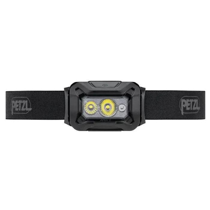 Front view of the Petzl Aria 2 RGB Waterproof Headtorch in black, highlighting its durable build and high-performance lighting capabilities.  from  John Bull Clothing