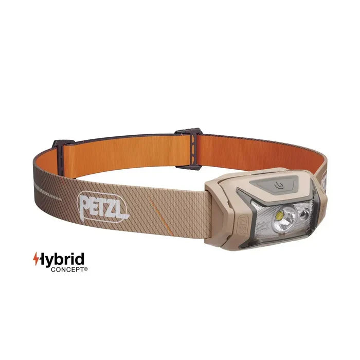 Beige and orange Petzl Tikka Core Headtorch with Red Light 450 Lumens, perfect for hiking, camping, and nighttime work environments. Brown from  John Bull Clothing