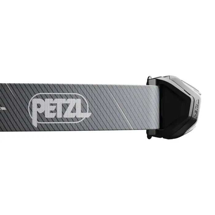 Close-up of grey Petzl Tikka Core Headtorch strap with logo, showcasing durable and adjustable headband for secure fit.  from  John Bull Clothing