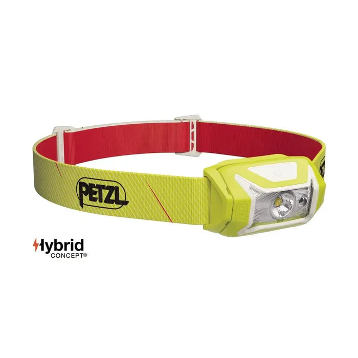 Petzl Tikka Head Torch with Red Light 350 Lumens in lime green and red, featuring Hybrid Concept compatibility for versatile power options. Yellow from  John Bull Clothing