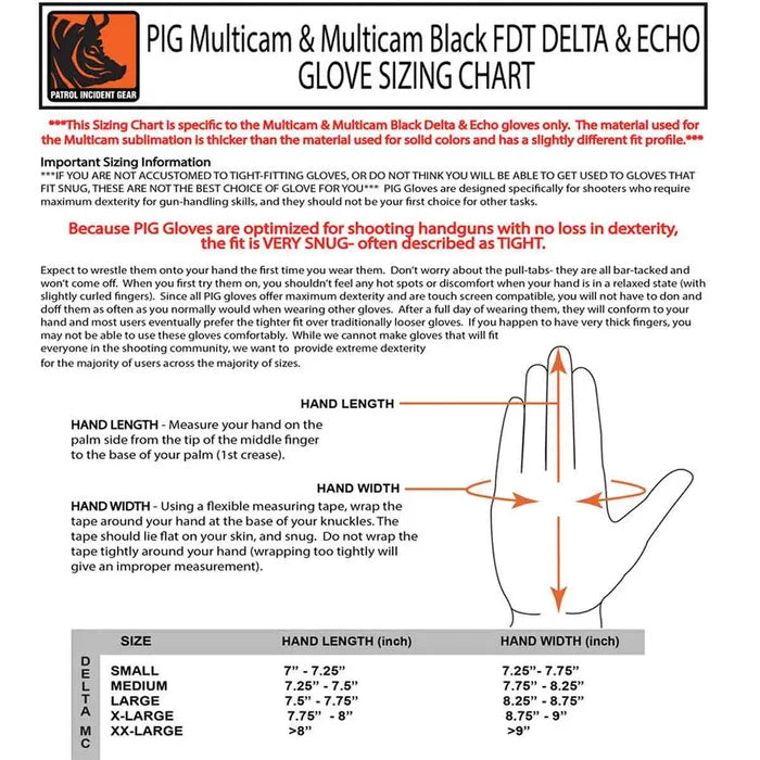 PIG FDT Delta + Plus Shooting Glove Multicam sizing chart, providing detailed measurements to ensure a precise and comfortable fit for users.  from  John Bull Clothing