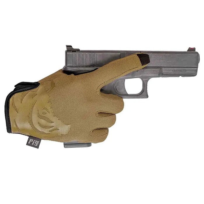 PIG FDT Delta Utility Glove in Coyote Brown, worn while holding a firearm, illustrating its precision fit and trigger finger sensitivity.  from  John Bull Clothing