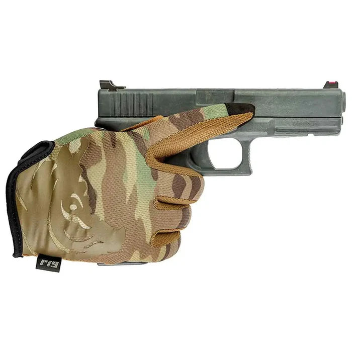 PIG FDT Delta Utility Shooting Glove Multicam demonstrating firearm handling with precision fit. Ideal for military, law enforcement, and shooting sports.  from  John Bull Clothing