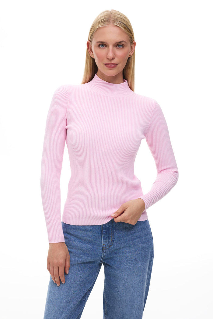 Pink Green Rib Knit Turtleneck Sweater