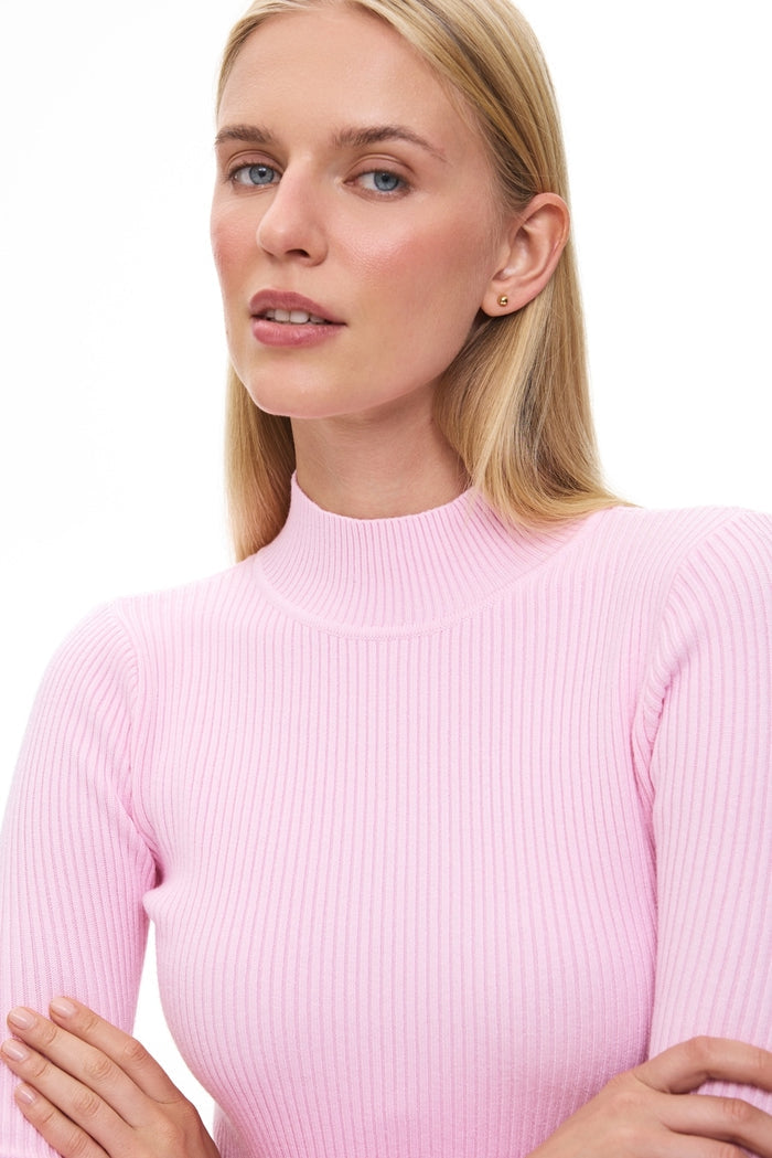Pink Green Rib Knit Turtleneck Sweater