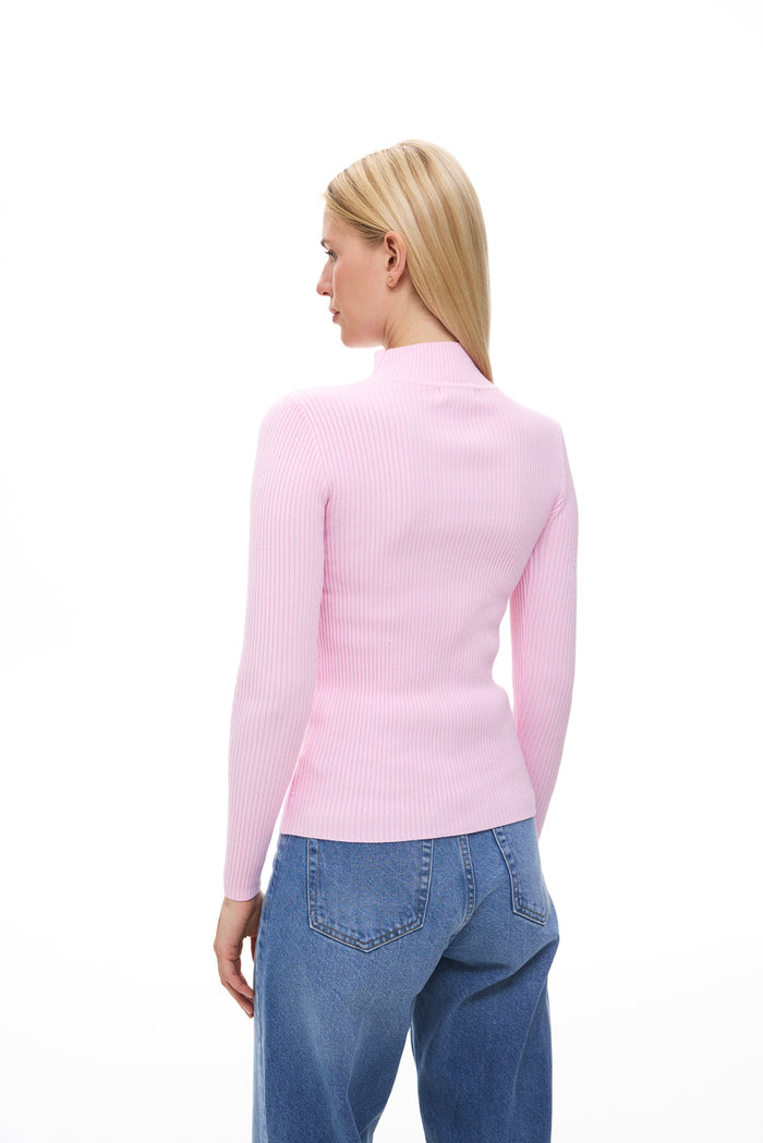 Pink Green Rib Knit Turtleneck Sweater