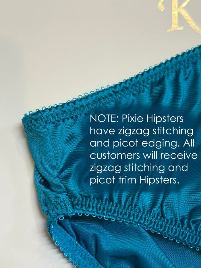 Peacock blue hipster panty with picot edge and zigzag trim, front angle