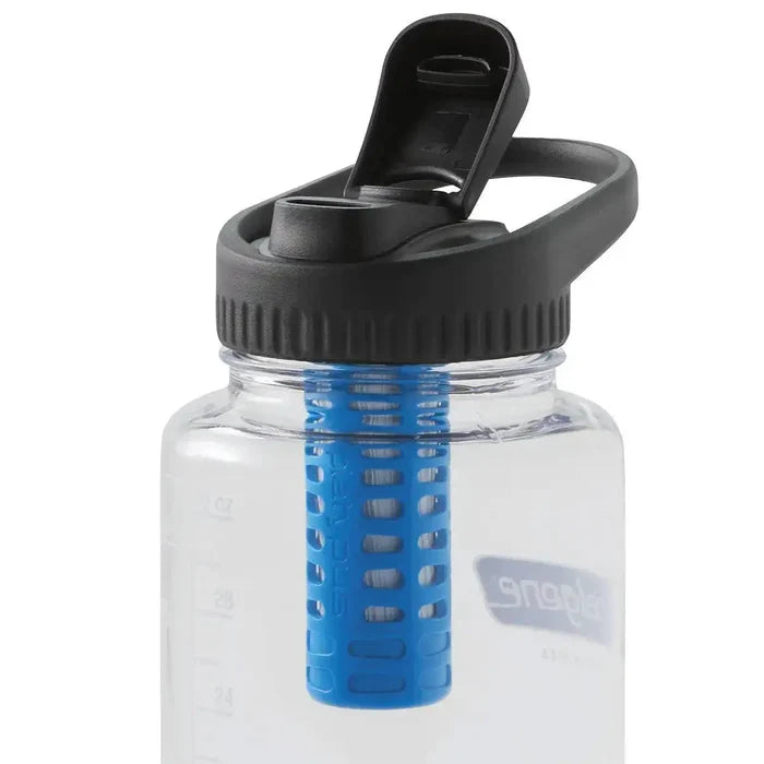 Platypus DayCap In Water Bottle Filter attached to a clear wide-mouth bottle, providing clean drinking water for outdoor activities.  from  John Bull Clothing