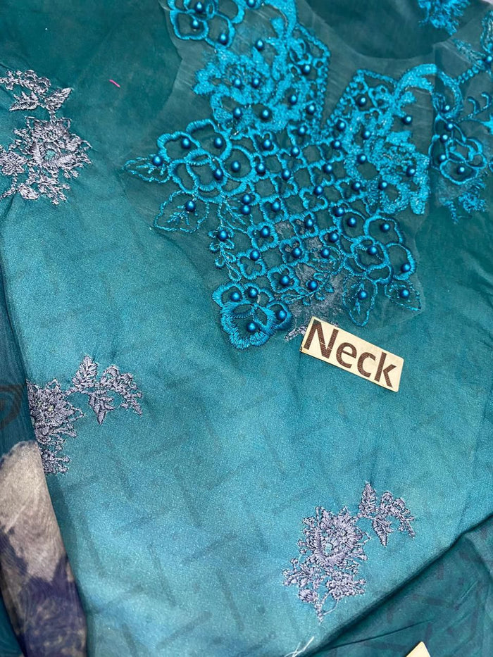 Premium Teal & Grey Ombre Embroidered Chiffon 3-Piece Unstitched Suit