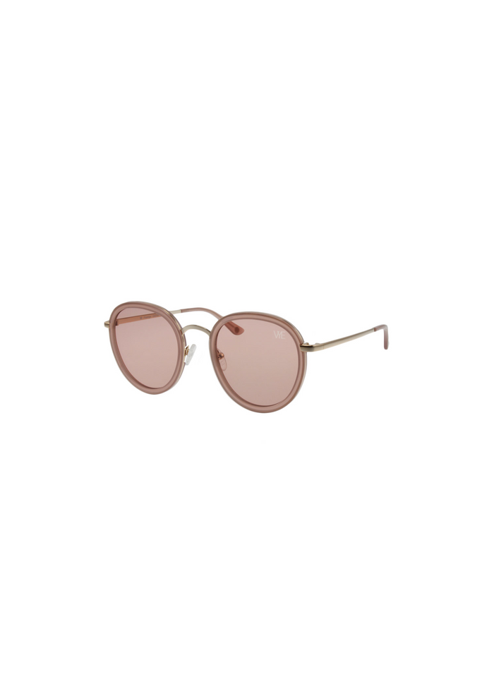 PRESTIGE sunglasses with gold metal accents, solid nude lenses, and crystal desert blush acetate frame, offering full UV protection
