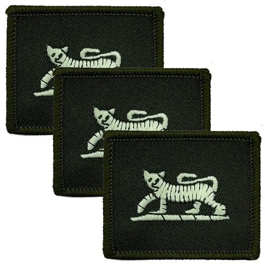 Set of 3 olive green Princess of Wales Royal Regiment TRF iron-on patches with white tiger emblem, military uniform badge by John Bulls. Green/Black from  John Bull Clothing