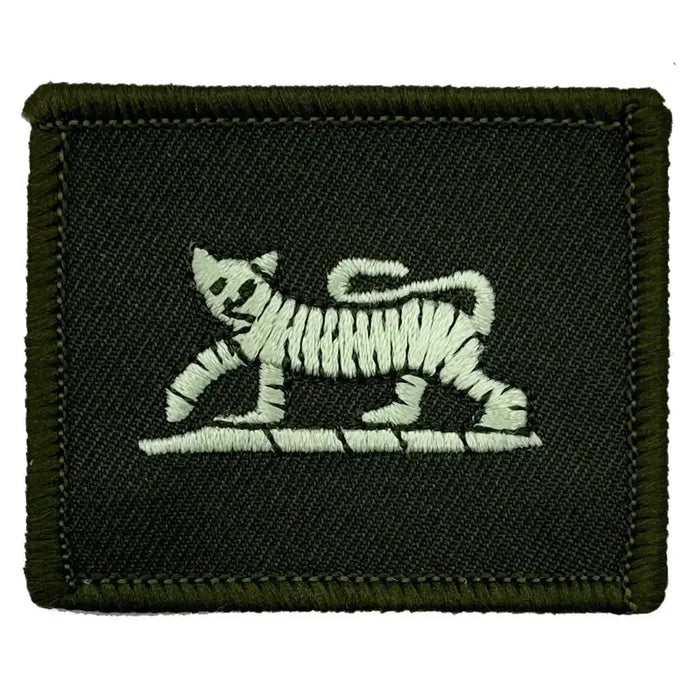 Single olive green Princess of Wales Royal Regiment TRF patch featuring white tiger, regulation military badge with overlocked edges. Green/Black from  John Bull Clothing