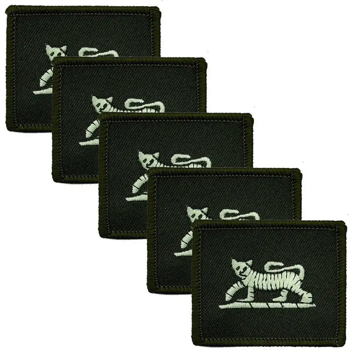 Pack of 5 olive green TRF patches for Princess of Wales Royal Regiment, iron-on tactical badges with white tiger design for military apparel. Green/Black from  John Bull Clothing