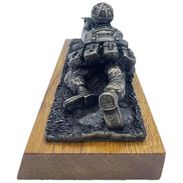 Rear view of Prone Soldier with SA80 Bronze Resin Statue showing tactical gear and realistic texture, ideal for army-themed decor.  from  John Bull Clothing