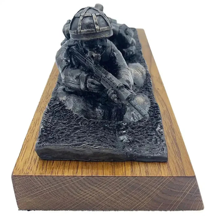Close-up front angle of Prone Soldier with SA80 Bronze Resin Statue highlighting lifelike combat pose and rifle detail.  from  John Bull Clothing