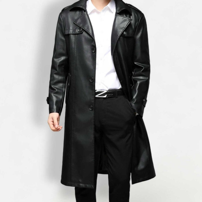 PU leather long coat - AntoniosClothing - Black