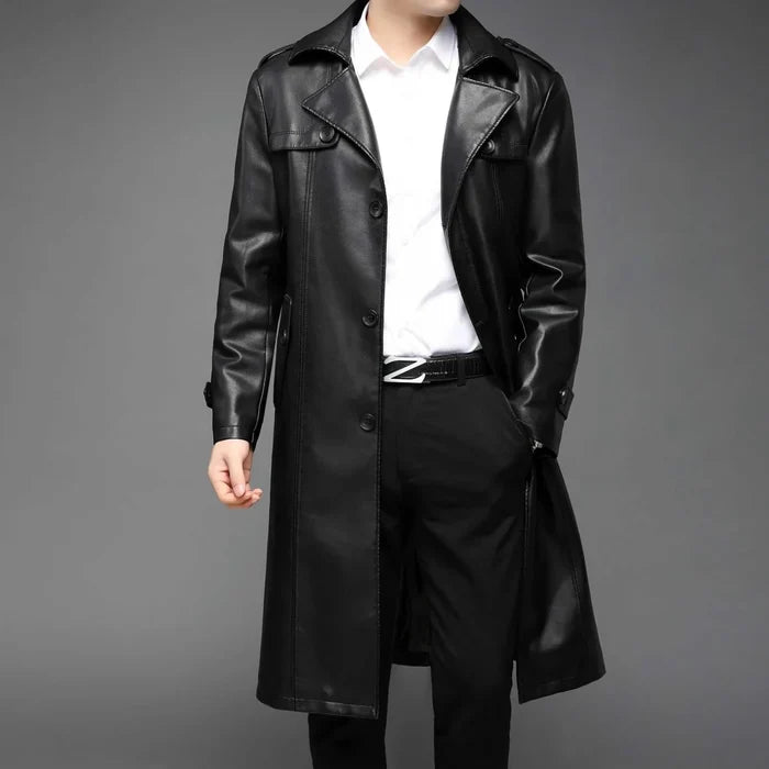 PU leather long coat - AntoniosClothing - Black