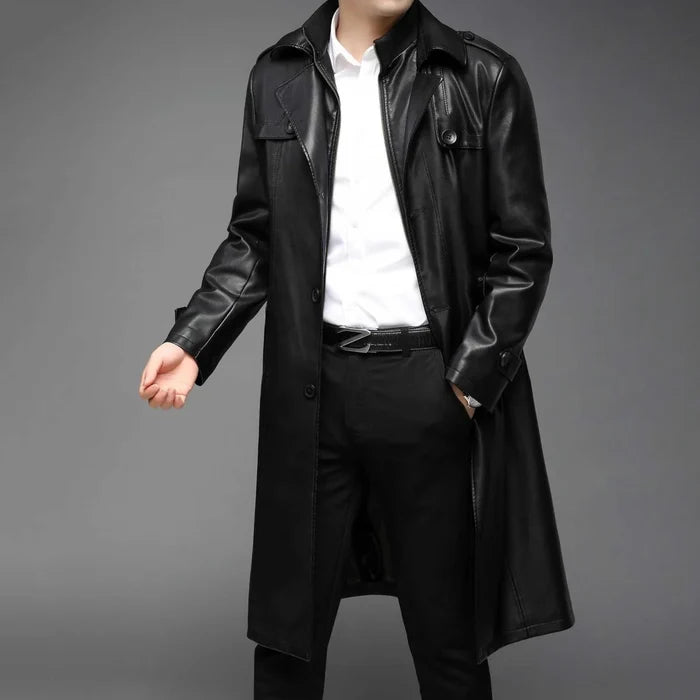 PU leather long coat - AntoniosClothing - Black