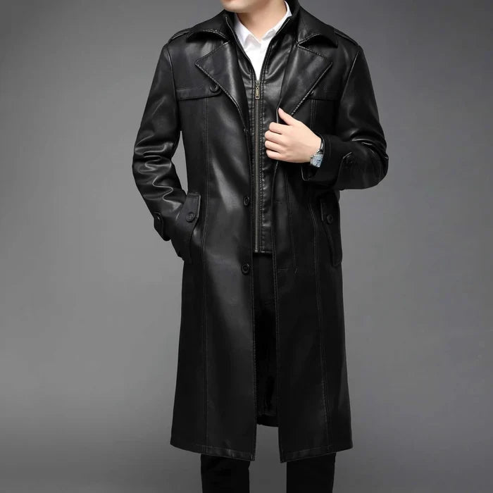 PU leather long coat - AntoniosClothing - Black