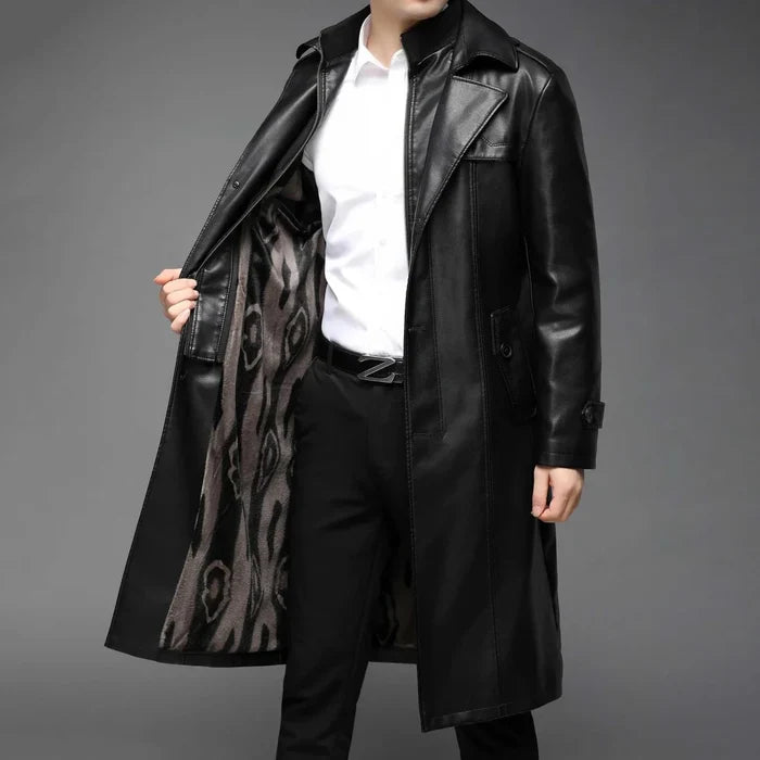 PU leather long coat - AntoniosClothing - Black
