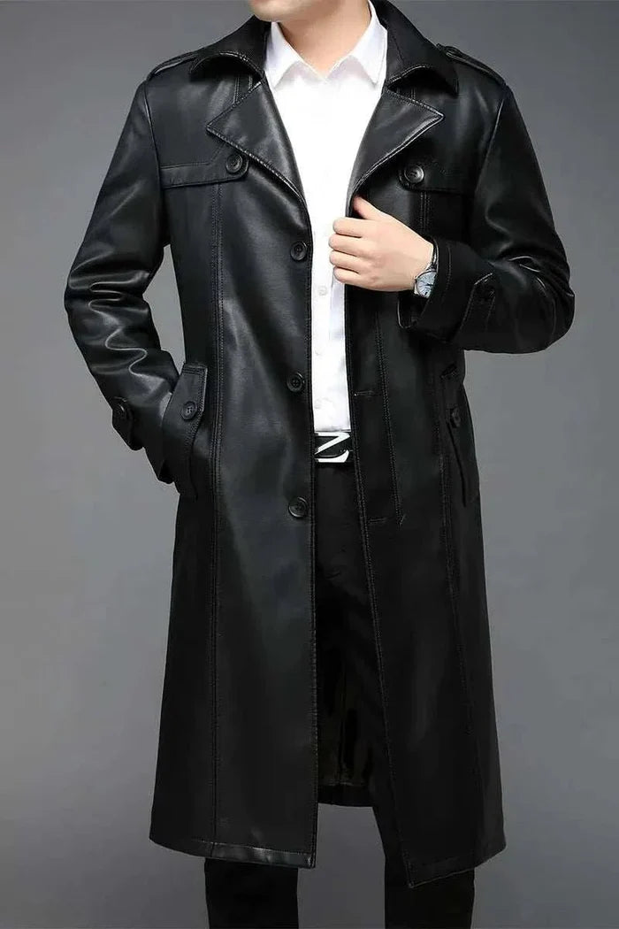 PU leather long coat - AntoniosClothing - Black
