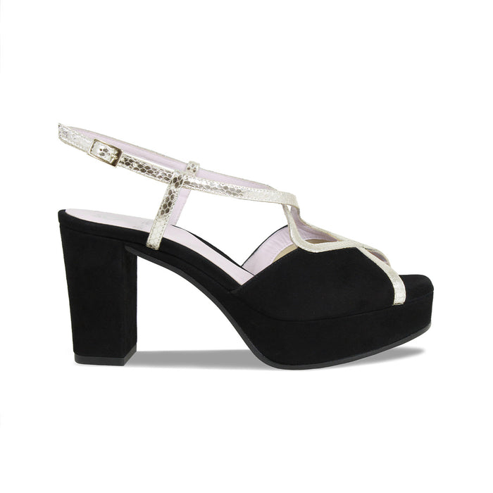 Rachel: Black Suede & Gold Snake Print Leather Shoes Sole Bliss