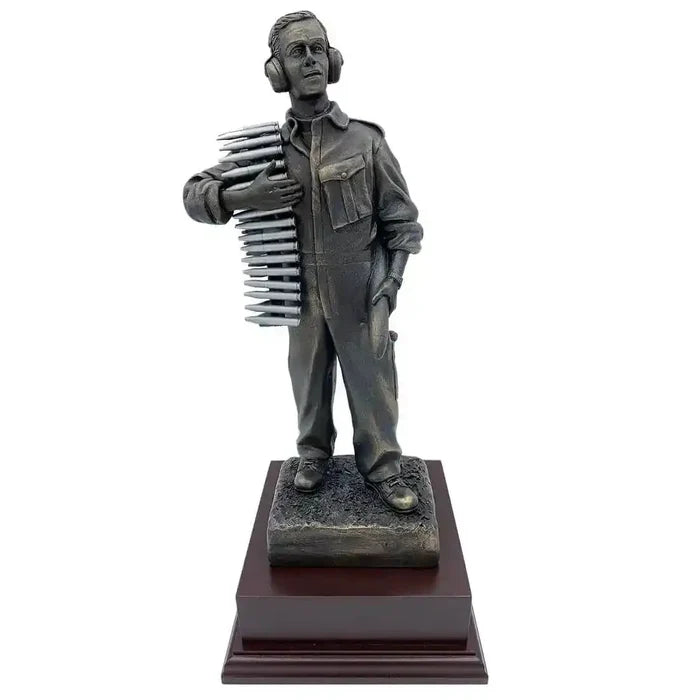RAF Armourer Bronze Resin Figurine Statue on rosewood base with silver pewter ammo belt, ideal military decor from John Bulls.  from  John Bull Clothing