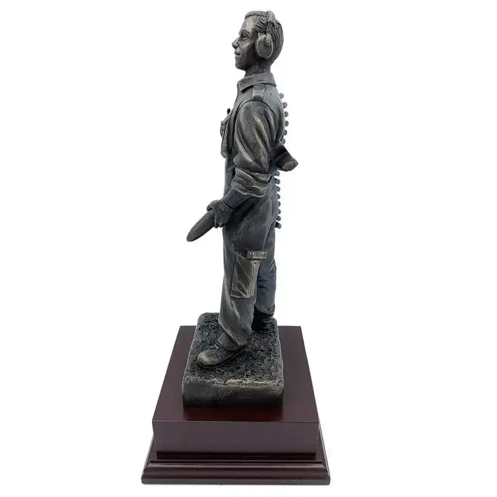 Side view of RAF Armourer Bronze Resin Figurine Statue showing detailed uniform and mounted on polished rosewood base.  from  John Bull Clothing
