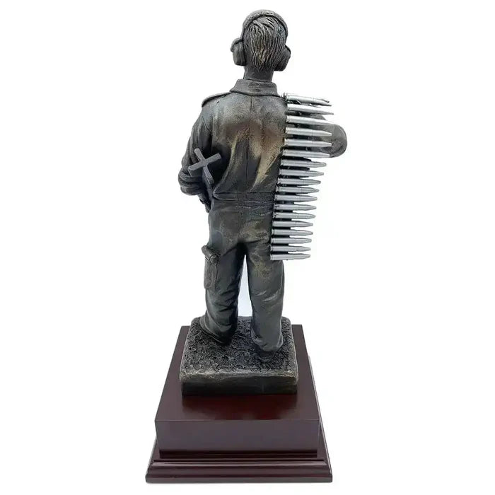 Rear view of RAF Armourer Bronze Resin Figurine Statue with visible pewter ammunition belt and sculpted detailing on uniform.  from  John Bull Clothing