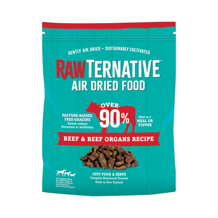 Gently air dried sustainably cultivated bag of RawTernative Air dried food. Over 90%  Beef and Beef Organs recipe. Ideal as meal or topper.