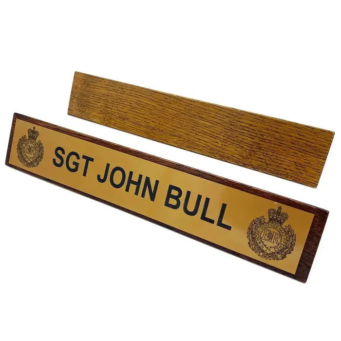 Regimental Desk Name Plate on Wooden Block (Toblerone) with engraved brass plate showing rank and name, ideal for military office desks.  from  John Bull Clothing