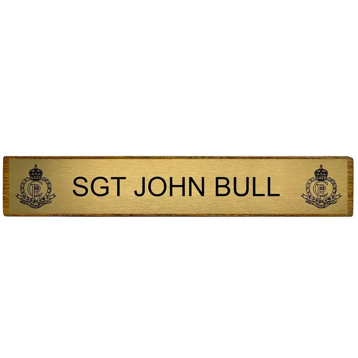 Front view of Regimental Desk Name Plate on Wooden Block (Toblerone) with engraved brass plate and military insignia on both sides.  from  John Bull Clothing