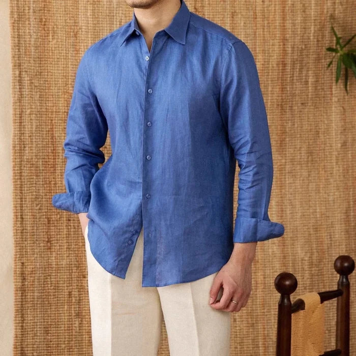 Relaxed fit casual long sleeve shirt linen - AntoniosClothing - Blue