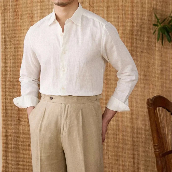 Relaxed fit casual long sleeve shirt linen - AntoniosClothing - White
