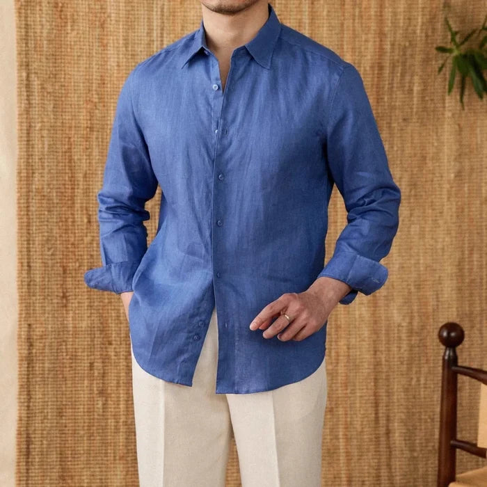 Relaxed fit casual long sleeve shirt linen - AntoniosClothing - Blue