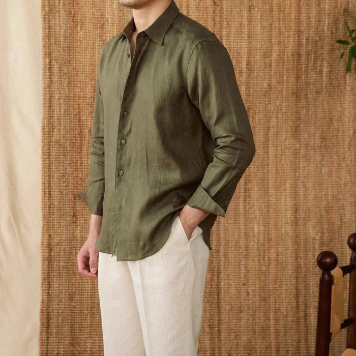 Relaxed fit casual long sleeve shirt linen - AntoniosClothing - Green