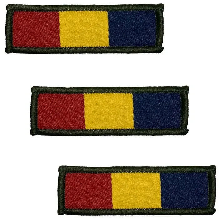 Reme TRF - Hook & Loop Backing patches in red, yellow, and blue with green border, regulation size 6x2cm for military uniforms. 3 Pack from  John Bull Clothing