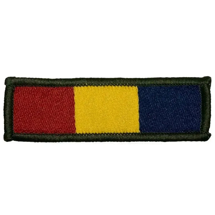 Single Reme TRF patch with hook & loop backing, featuring regimental colours red, yellow, and blue, ideal for military uniform use. 1 Flash from  John Bull Clothing